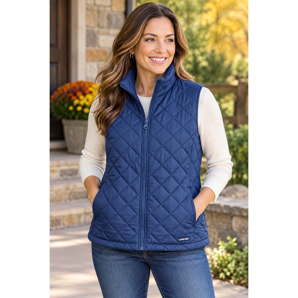 Lands End Womens L 14/16 Navy Blue Diamond Quilted Vest Full Zip Pockets Layer